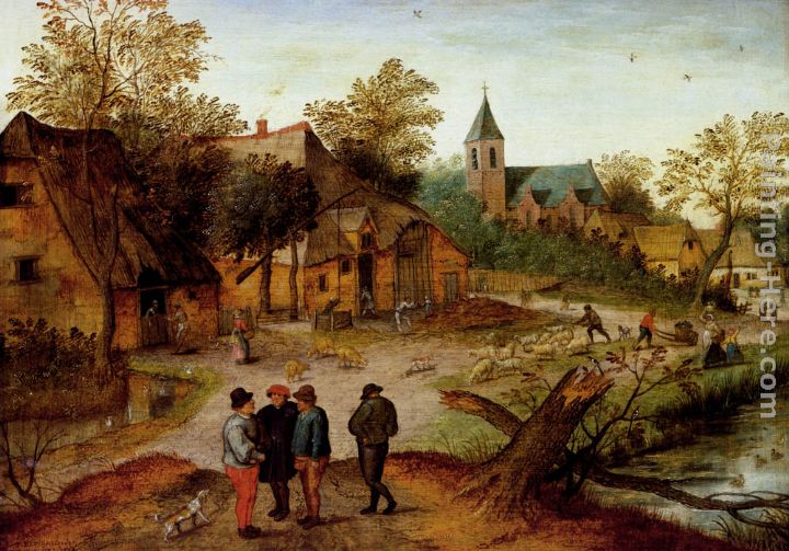 A Village Landscape With Farmers painting - Pieter the Younger Brueghel A Village Landscape With Farmers art painting